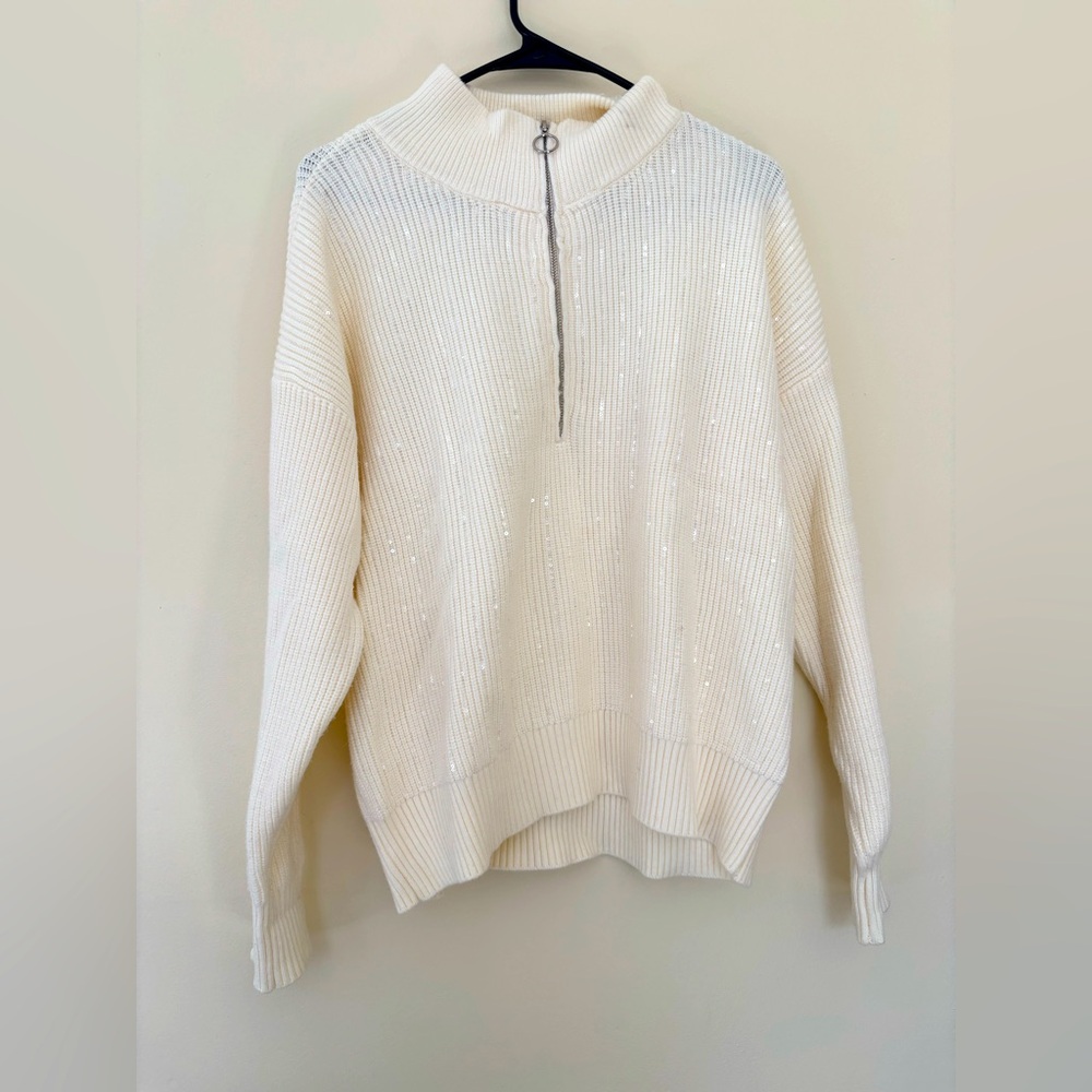Nine West Sweater Size L Cream Sequins Quarter Zip Long Sleeve